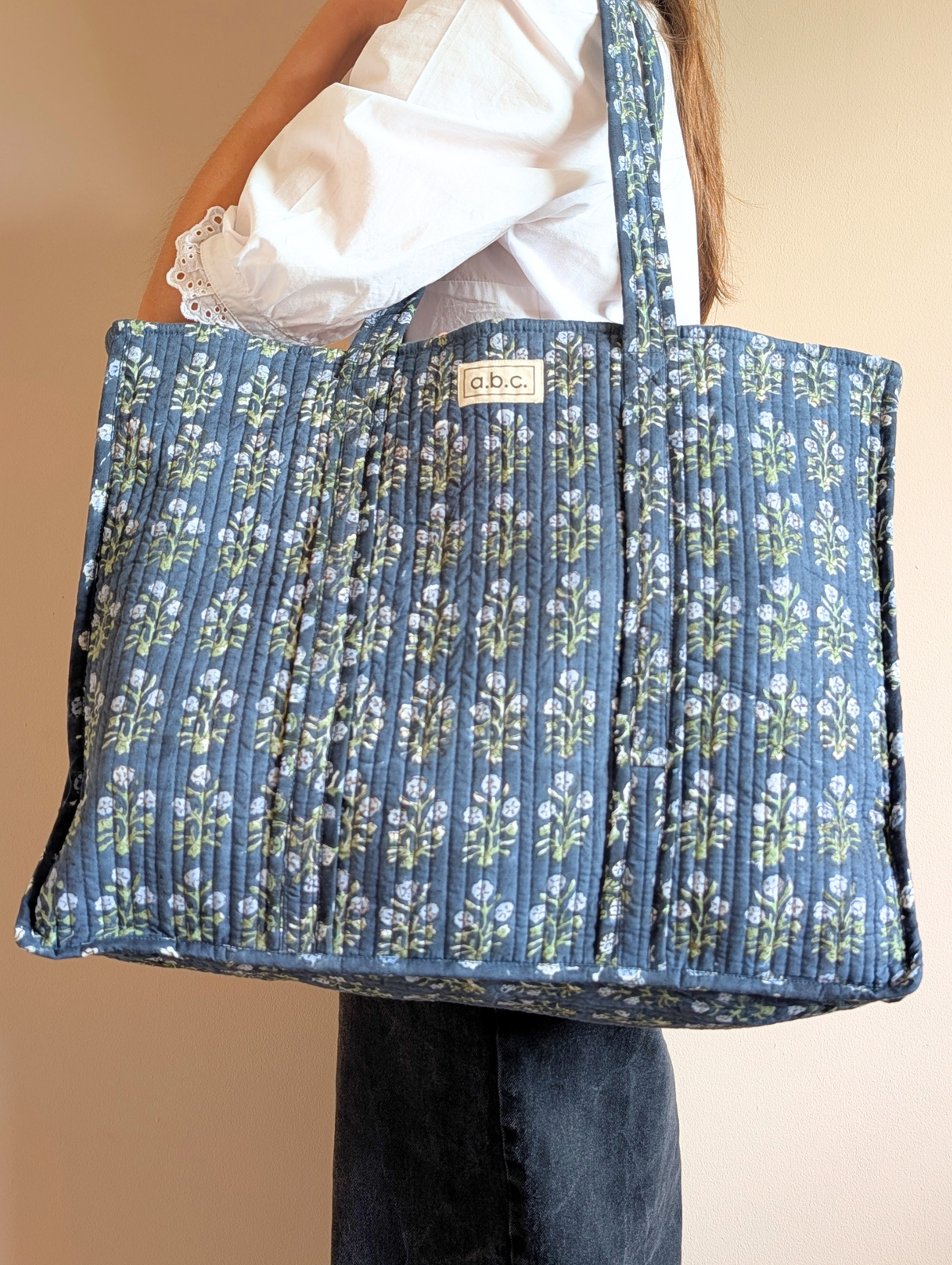 navy floral tote bag