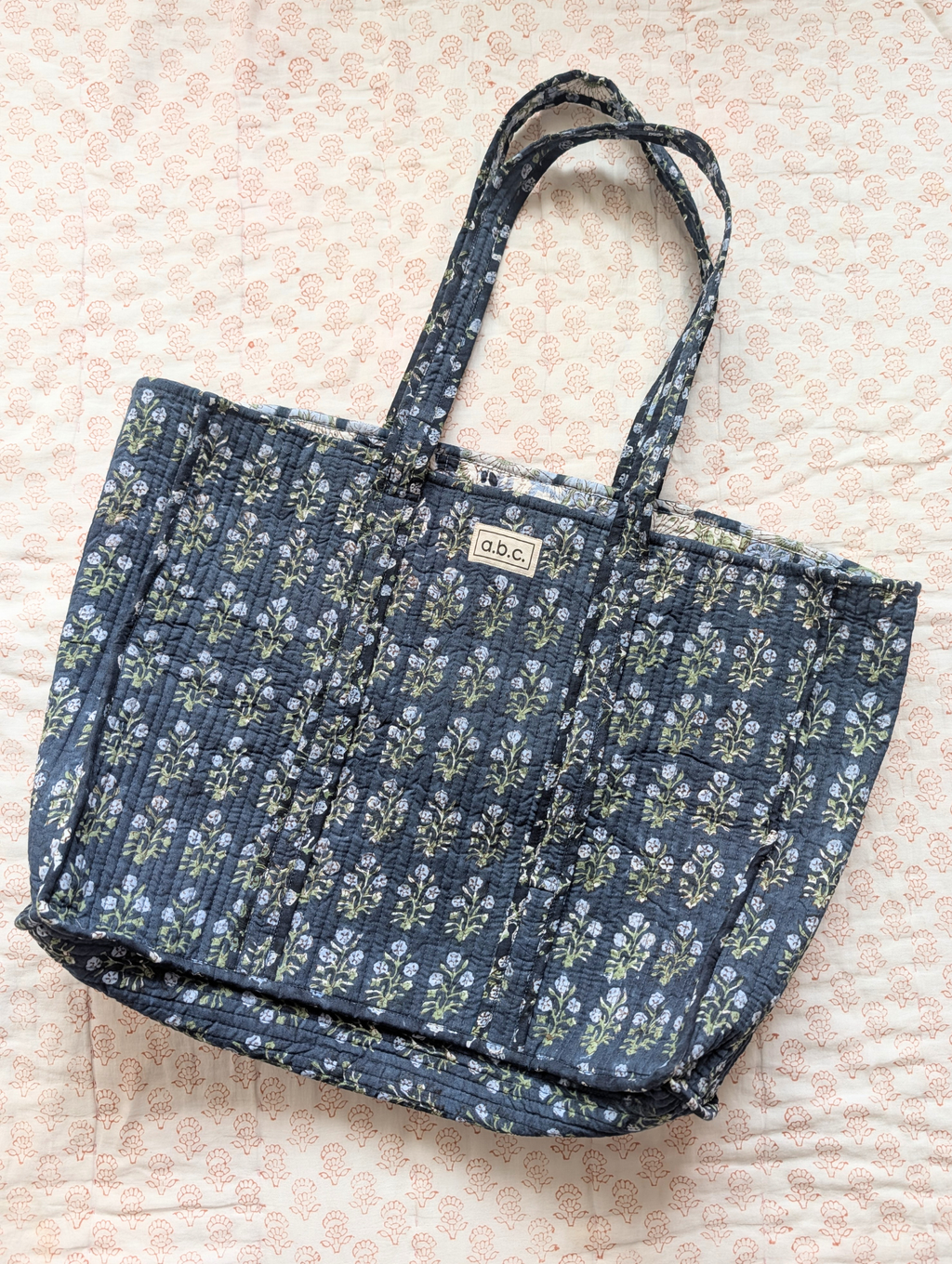navy floral tote bag